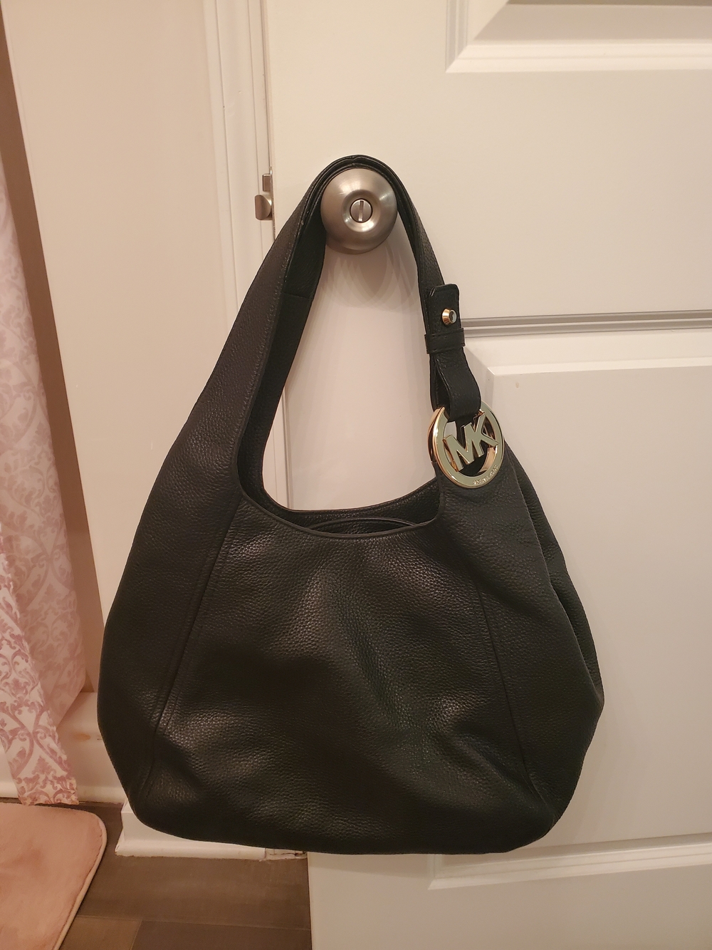 Michael Kors Black Pebbled Leather Shoulder Hobo with Gold MK Charm